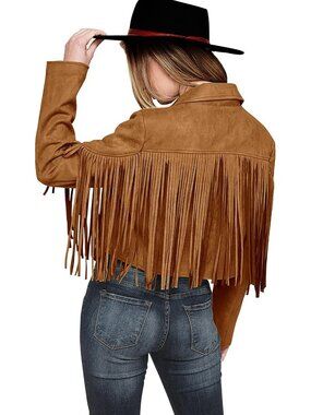 Women's Brown Yellow Polyester Blend Tassel Unique Motorcycle Cropped Jacket